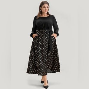 Geometric Print Pocket Lantern Sleeve Belted Dress 2XL/18-20